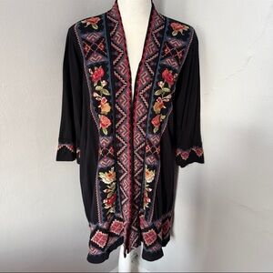 Johnny Was Embroidered Black Floral Kimono Open Cardigan Bohemian Small